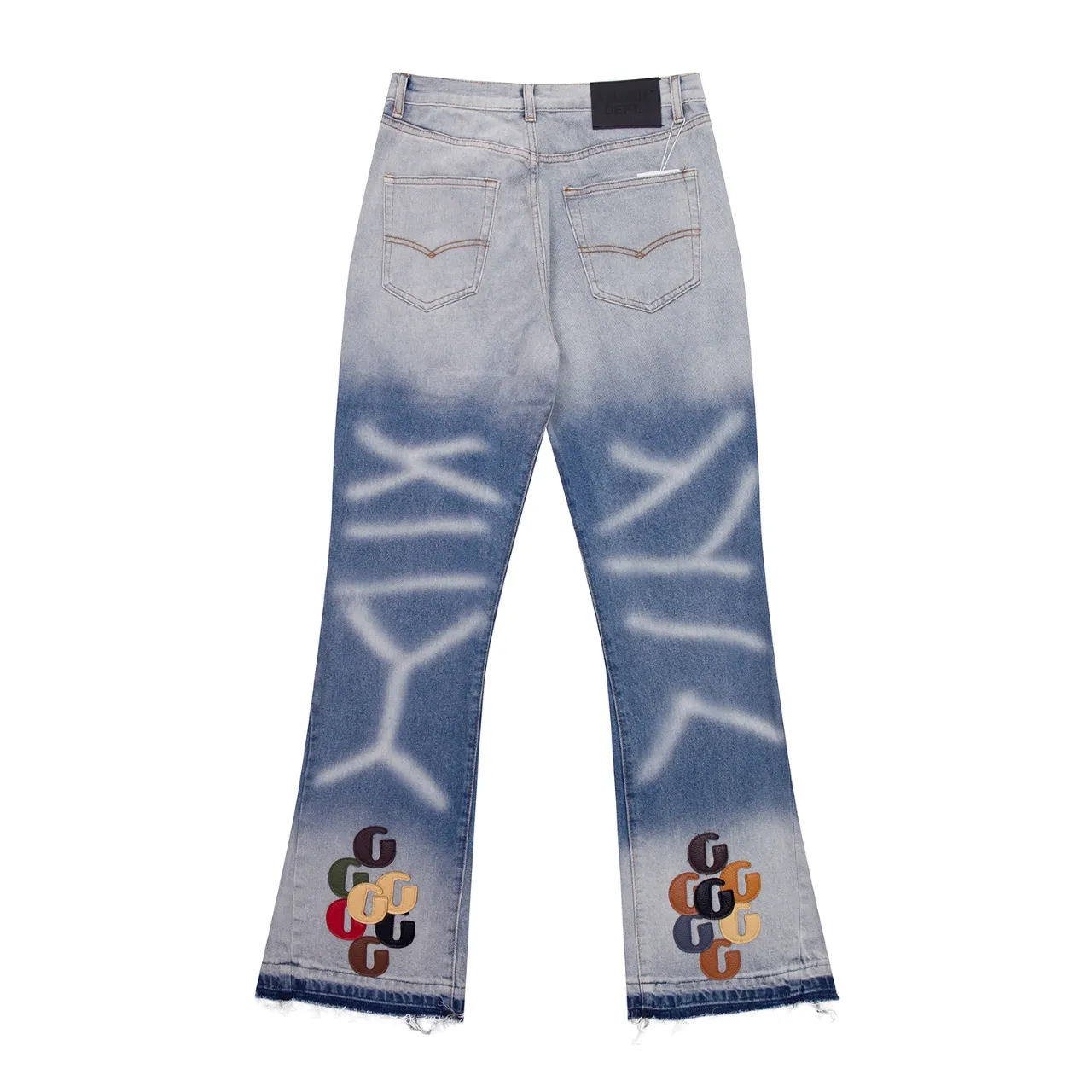 640#Gallery Dept New Style Spliced ​​Leather Label Leather Seal Water Ripple Washed Blue Destroyed Splicing Micro-Boot Jeans American High Street Flared Trousers Washed Blue S~XL p290
